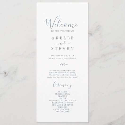 Minimale lebben | Programma Dusty Blue Wedding Programmakaart (Voorkant)