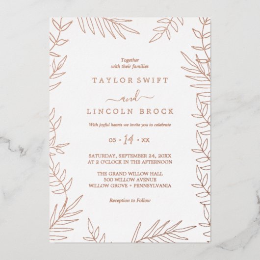 Minimale lebben | Roos Gold Foil Lijst Weddenschap Folie Uitnodiging (Voorkant)