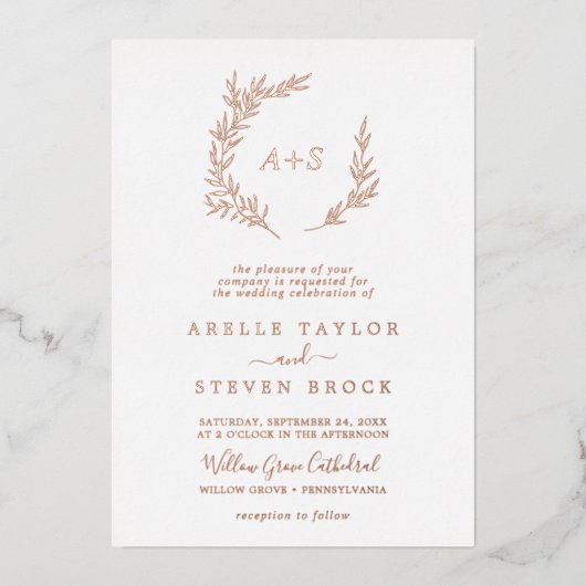 Minimale lebben | Roos Gold Foil Monogram Weddensc Folie Uitnodiging (Voorkant)