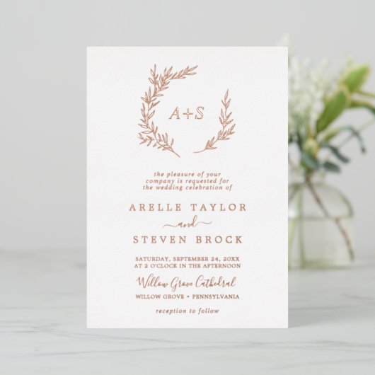 Minimale lebben | Roos Gold Foil Monogram Weddensc Folie Uitnodiging (Staand Voorkant)