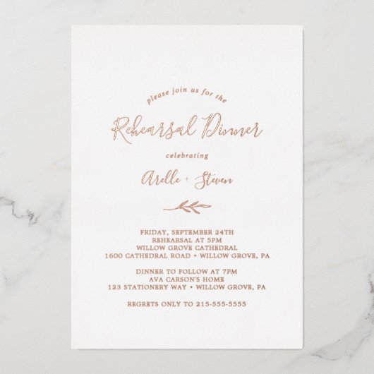 Minimale lebben | Roos Gold Foil repesitief Dinner Folie Uitnodiging (Voorkant)