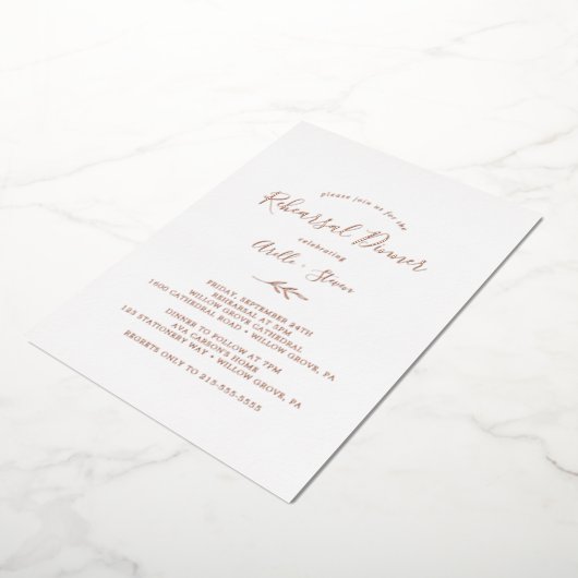 Minimale lebben | Roos Gold Foil repesitief Dinner Folie Uitnodiging (Gedraaid)