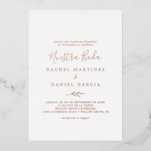 Minimale lebben | Roos Gold Foil Spanje Nuestra Bo Folie Uitnodiging (Voorkant)