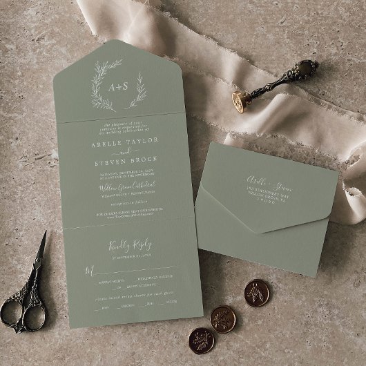 Minimale lebben | Sage Green Wedding All In One Uitnodiging
