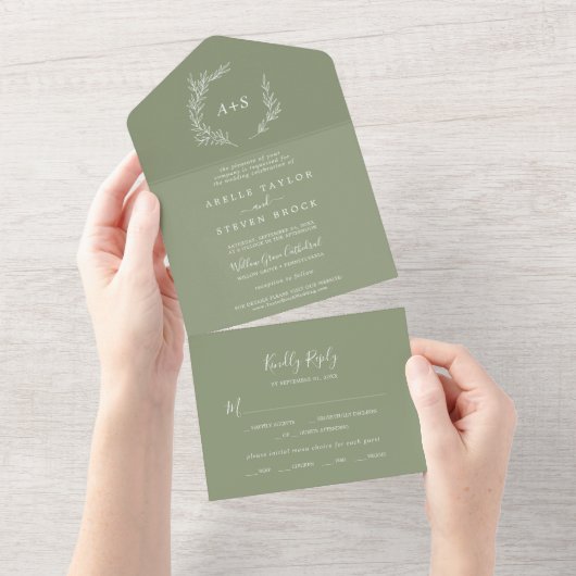 Minimale lebben | Sage Green Wedding All In One Uitnodiging (Afscheurbaar)