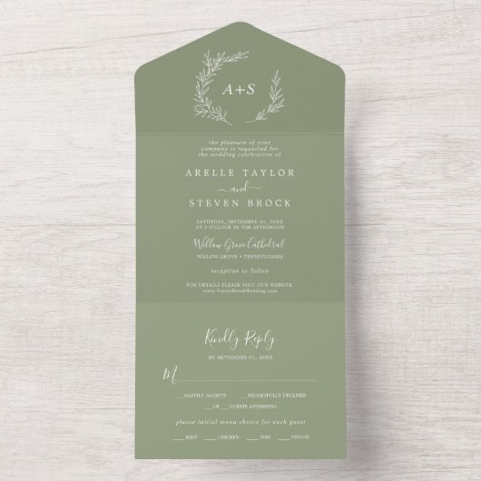 Minimale lebben | Sage Green Wedding All In One Uitnodiging (Binnen)
