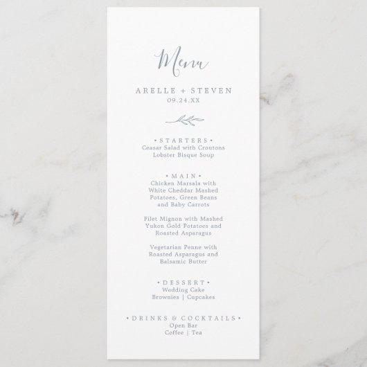 Minimale lebben | Stusty Blue Wedding Dinner Menu (Voorkant)