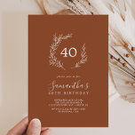 Minimale lebben | Terracotta 40th Birthday Invitat Kaart<br><div class="desc">Deze minimale 40e verjaardagsuitnodiging is perfect voor een boho verjaardagsfeestje. Het ontwerp is voorzien van een eenvoudig groen bladsilhouet in een stevig,  verbrand sinaasappel met een minimalistische woestijnbohse stijl.</div>