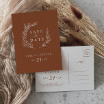 Minimale lebben | Terracotta Save the Date Uitnodiging Briefkaart<br><div class="desc">Dit minimale blad terracotta redt het date briefkaart.. is perfect voor een boho bruiloft. Het ontwerp is voorzien van een eenvoudig groen bladsilhouet in een stevig,  verbrand sinaasappel met een minimalistische woestijnbohse stijl.</div>