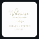 Minimale lebben | Welkom Gold Wedding Vierkante Sticker<br><div class="desc">Deze minimale stickers voor een gouden bruidsschat zijn perfect voor een elegante bruiloft. Het ontwerp is voorzien van een eenvoudig groen silhouet in een faux gouden folie met een klassieke minimalistische stijl. Pas deze stickers aan met de locatie van je bruiloft, namen en trouwdatum. Deze etiketten zijn perfect voor bestemmingsbruiloften...</div>