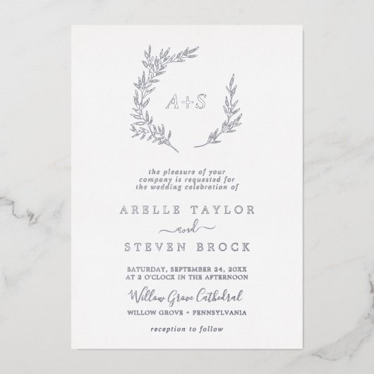 Minimale lebben | Zilveren olie Formele monogram b Folie Uitnodiging (Voorkant)