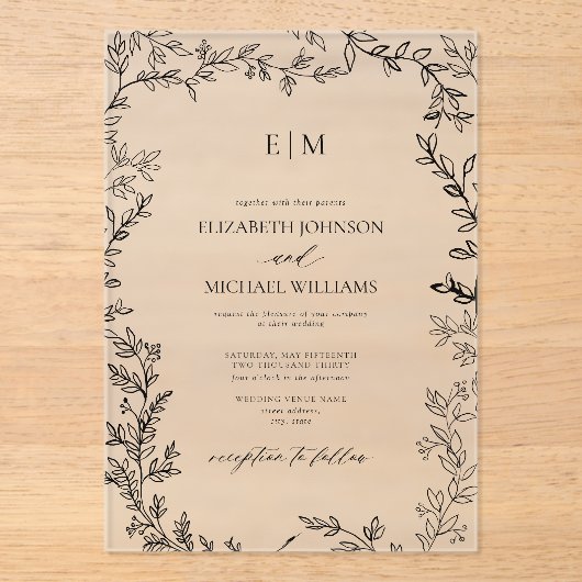 Minimale leboog-zwarte witte legante monogram brui acryl uitnodigingen (Voorkant)