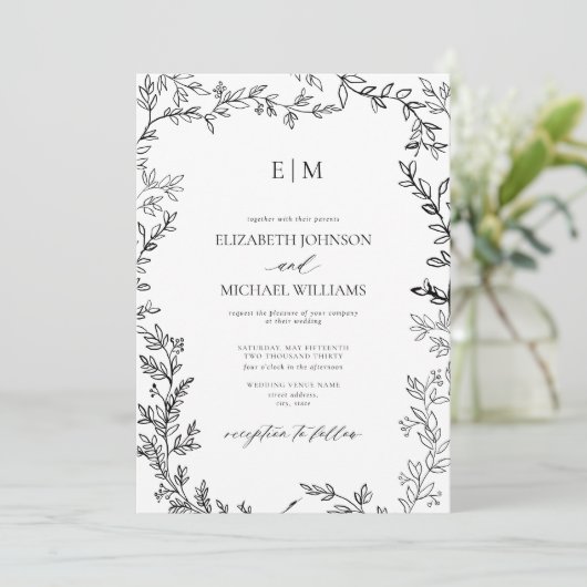 Minimale leboog-zwarte witte legante monogram brui kaart (Staand voorkant)