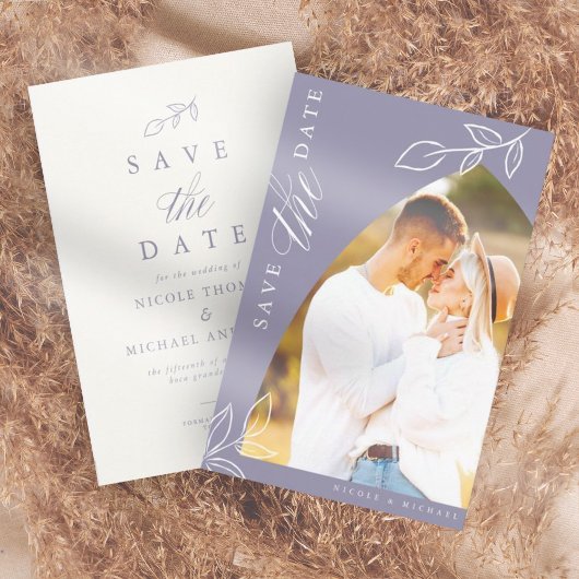 Minimale lederen foto met zachte Violet Arch Boho Save The Date