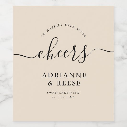 Minimale legant beige en zwarte bruiloft wijn etiket (Enkel label)