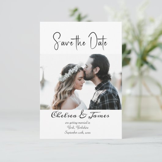 Minimale legant kalligrafie Foto slaat de datum op Save The Date (Staand voorkant)