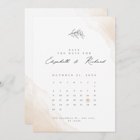 Minimale legant voor beige Waterverf slaat de datu Save The Date (Voorkant / Achterkant)