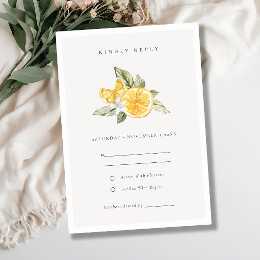 Minimale Lemon Botanical Boho Wedding RSVP Kaartje