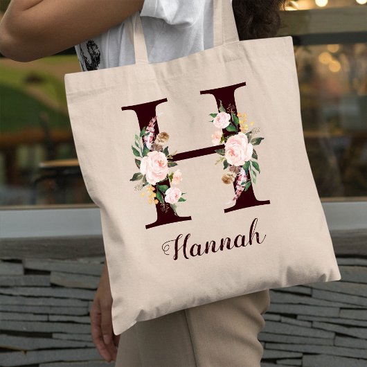 Minimale letter H Blush Floral gepersonaliseerd ca Tote Bag