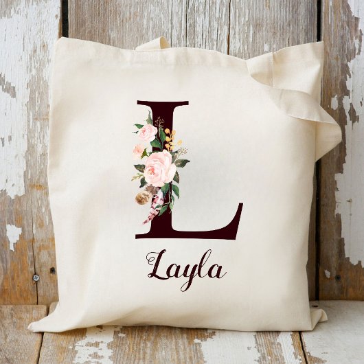 Minimale Letter L Blush Floral Gepersonaliseerd ca Tote Bag
