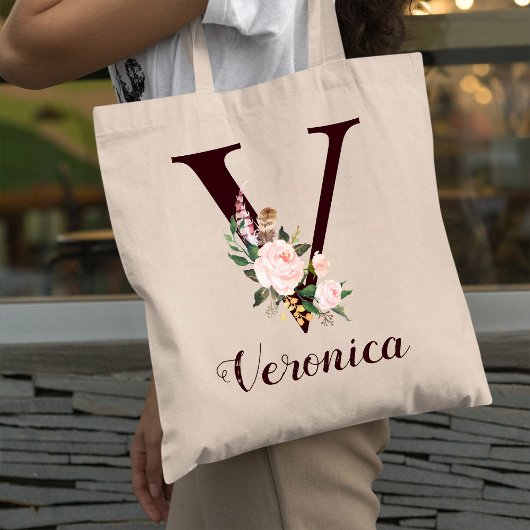 Minimale Letter V Blush Floral Gepersonaliseerd ca Tote Bag