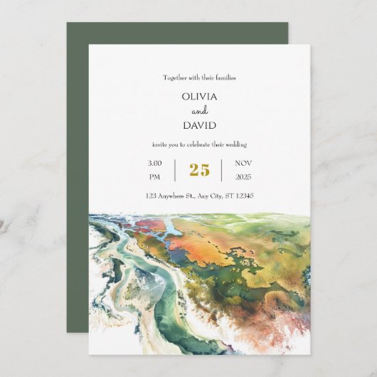 Minimale levendige kustlandschap strand bruiloft kaart (Voorkant / Achterkant)