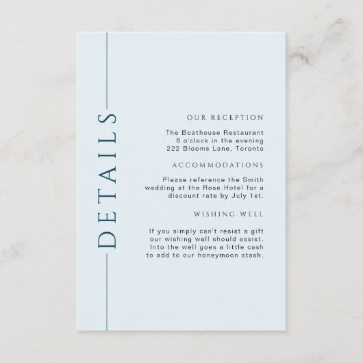 Minimale lichtblauwe bruiloft details Invoegen Informatiekaartje (Voorkant)