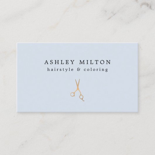 Minimale lichtblauwe Faux Gold Scissors Haarstylis Visitekaartje (Voorkant)