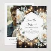Minimale Lichten Witte Rozen Trouwen Save The Date (Voorkant / Achterkant)