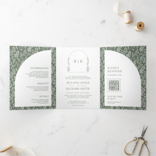 Minimale lijn Art Leaf Arch Sage Groene bruiloft Drieluik Uitnodiging (Binnen)