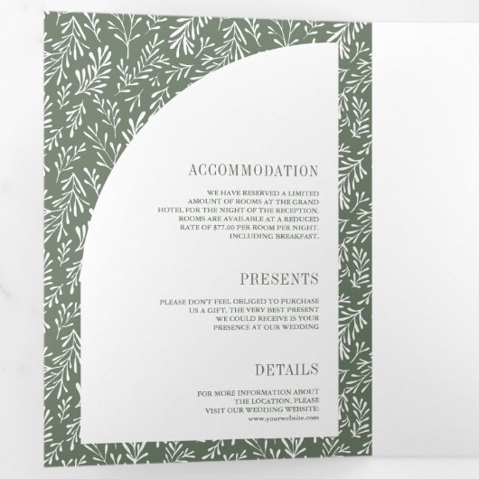 Minimale lijn Art Leaf Arch Sage Groene bruiloft Drieluik Uitnodiging (Binnenzijde eerst)