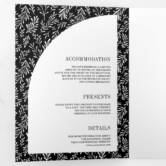 Minimale lijn Art Leaf Arch Zwart-wit bruiloft Drieluik Uitnodiging (Binnenzijde eerst)
