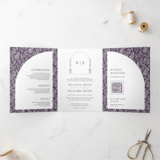 Minimale lijn kunst blad boog stoffige Paarse brui Drieluik Uitnodiging (Binnen)