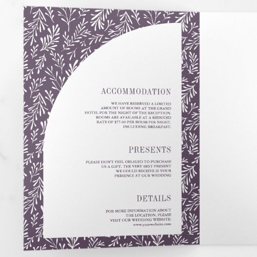 Minimale lijn kunst blad boog stoffige Paarse brui Drieluik Uitnodiging (Binnenzijde eerst)