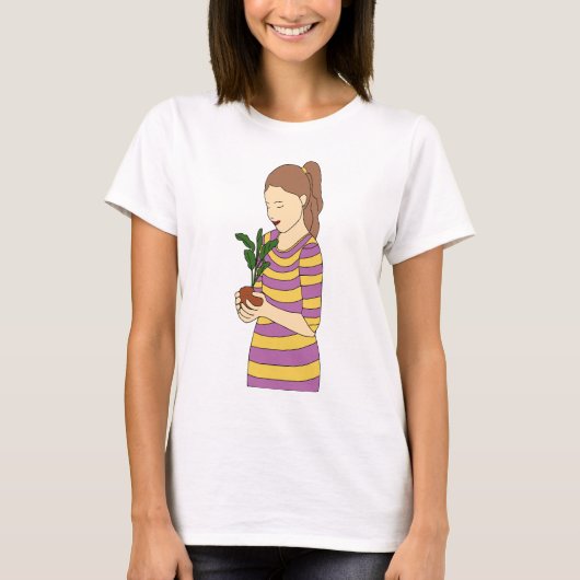 Minimale lijnkunst van het meisje met Potted plant T-shirt (Voorkant)