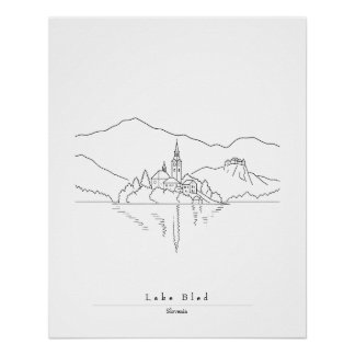 Minimale lijnkunstprint van het Meer van Bled | Sl Perfect Poster