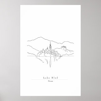 Minimale lijnkunstprint van het Meer van Bled | Sl Poster