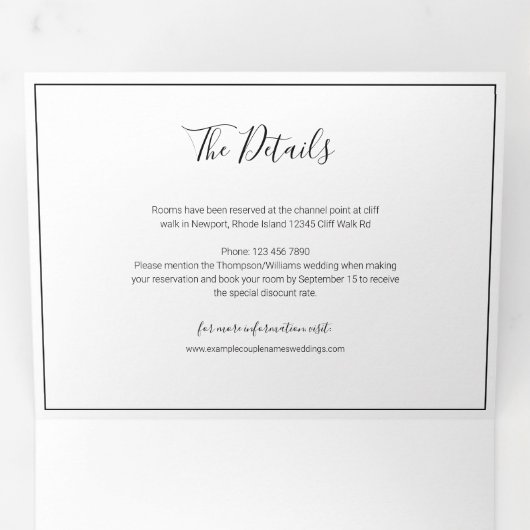 Minimale Lijst bruiloft foto met RSVP en details Drieluik Uitnodiging (Binnenzijde eerst)