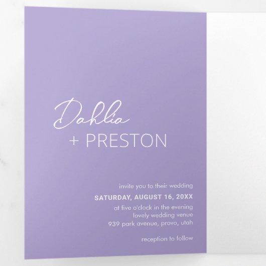 Minimale Lila foto Moderne bruiloft Drieluik Uitnodiging (Binnenzijde eerst)