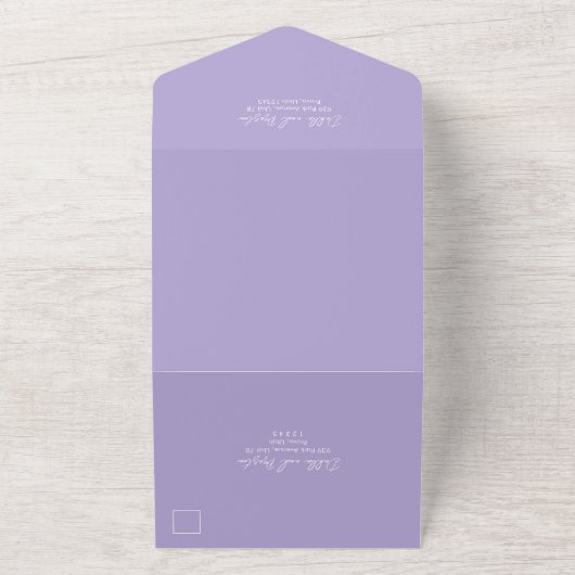 Minimale Lila QR-code Modern Wedding All In One Uitnodiging (Buitenkant)