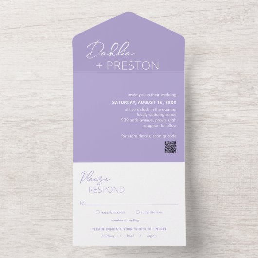 Minimale Lila QR-code Modern Wedding All In One Uitnodiging (Binnen)