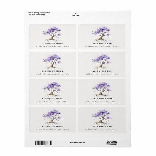 Minimale Lila Waterverf Jacaranda Tree Adres Etiket (Full Sheet)