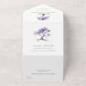 Minimale Lila Waterverf Jacaranda Tree Wedding All In One Uitnodiging (Buitenkant)