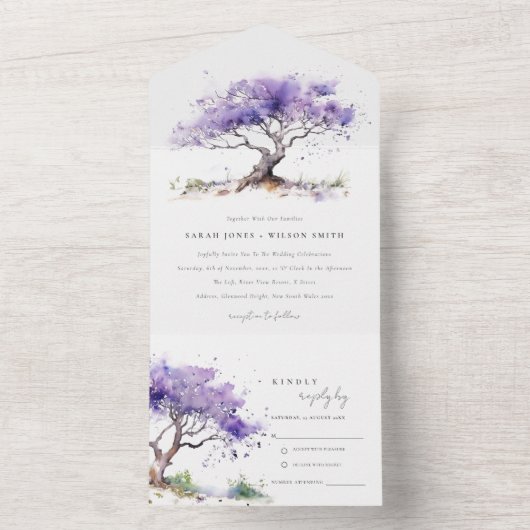 Minimale Lila Waterverf Jacaranda Tree Wedding All In One Uitnodiging (Binnen)