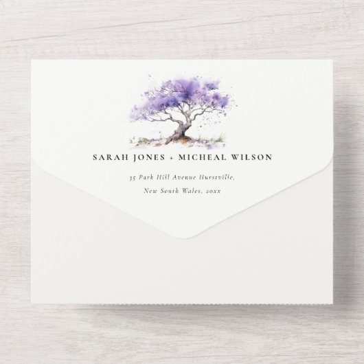 Minimale Lila Waterverf Jacaranda Tree Wedding All In One Uitnodiging (Achterkant)