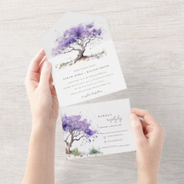 Minimale Lila Waterverf Jacaranda Tree Wedding All In One Uitnodiging