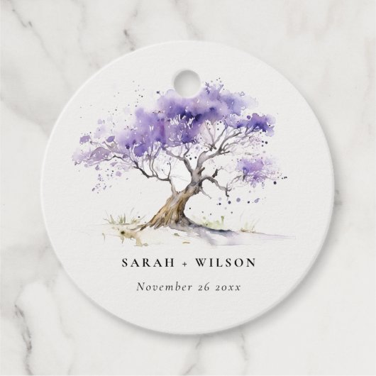 Minimale Lila Waterverf Jacaranda Tree Wedding Bedankjes Labels (Voorkant)