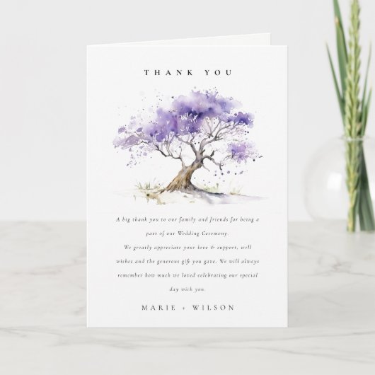 Minimale Lila Waterverf Jacaranda Tree Wedding Bedankkaart (Voorkant)