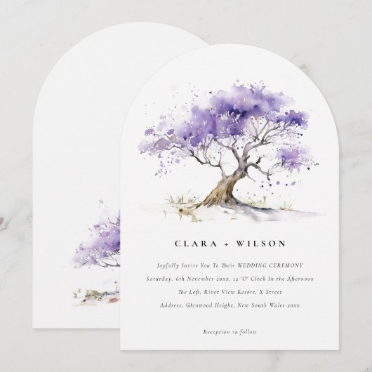 Minimale Lila Waterverf Jacaranda Tree Wedding Kaart (Voorkant / Achterkant)