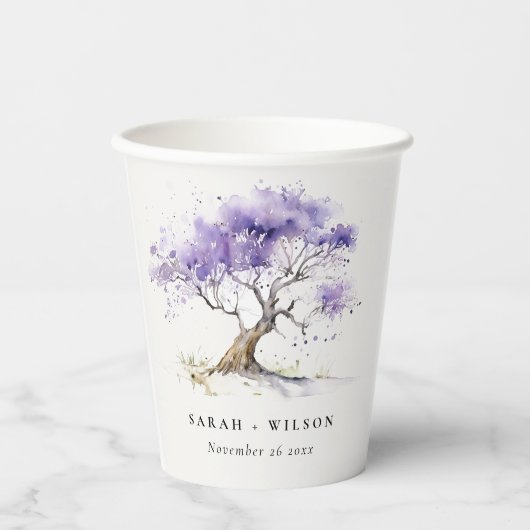 Minimale Lila Waterverf Jacaranda Tree Wedding Papieren Bekers (Voorkant)